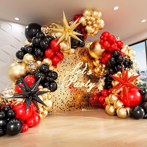 Rot Gold Schwarz Luftballons Girlande Kit mit 3 Stück Starburst Luftballons, Black Gold Balloons Arch Kit für Jubiläums, Neujahrs und Geburtstagsparty Casino Dekorationen von WEIPUER