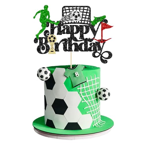1 Stück Fussball Tortendeko Geburtstag, Tortenaufleger Fussball mit "Happy Birthday" Kuchen Deko Fußball Cake Topper für Kinder Junge Mädchen Geburtstag Fussball Sport Party Deko (Schwarz) von WEITAPYT