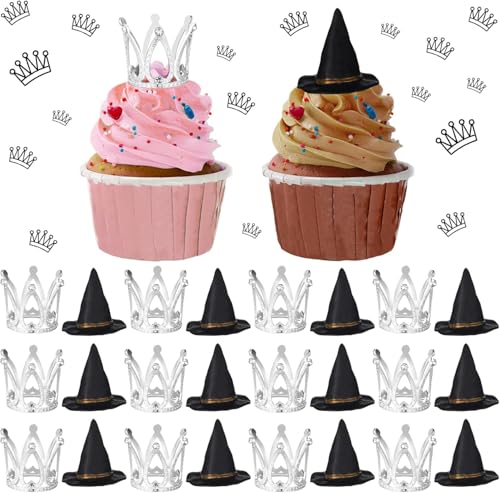24 Stück Hexenhut Krone Cake Topper Böse Hexen Tortendeko Cupcake-Aufsätze für Halloween Geburtstag Prinzessinnen Motto Hochzeit Themenpartys Dekorationen von WEITAPYT