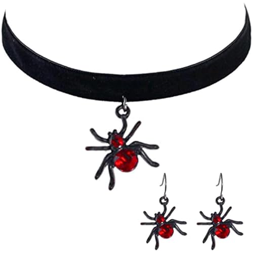 Spinnen Halloween Halskette Ohrringe Schmuck Set Gothic Schwarzer Choker mit Rotem Zirkonia Anhänger Spinne-Halskette-Ohrringe-Set Kostümaccessoires für Hexe, Vampir Fasching Karneval Mottoparty von WEITAPYT