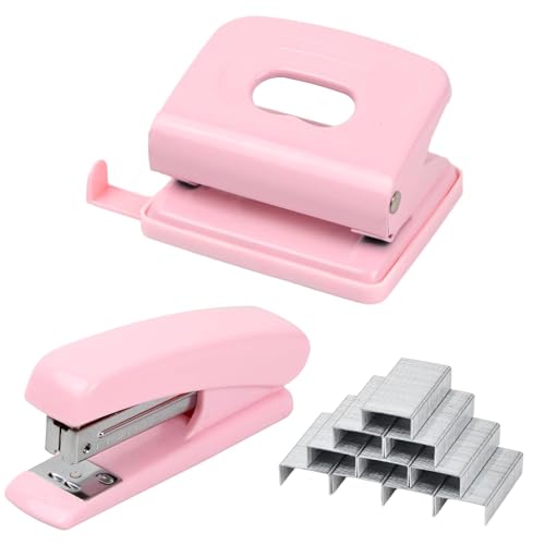 Heftgerät Und Locher Set, Locher Tacker Set 24/6, Tischheftgerät mit 1000 Heftklammern, für Büro, Schulen, Arbeitsplätze, Zuhause (Rosa) von WEIWUXIAN
