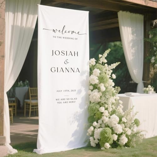 Personalisiertes Hochzeitsschild aus Stoff, modernes Hochzeitsschild mit Namen und Datum, Stoffschild, individuelle Leinen-Hochzeitsschilder, Boho-Hochzeitsdekoration (60 x 200 x 79 Zoll) von WEIYOUDP