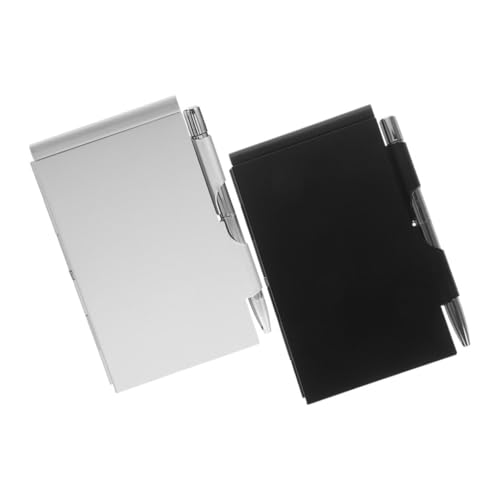 WEKADRIN 2 Sätze Aluminium Notizblock mit Stift Mini Pocket Notepad mit Abreißbaren Blättern Langlebiges Metallgehäuse Schwarz und Silber Praktisches Büro Schreibpad mit Kartenbox von WEKADRIN