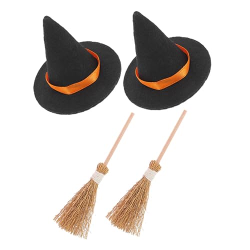 WEKADRIN 2 Sätze Mini Hexenhut und Besen Teilig Schwarze Winzige Hexenhüte und Natürliche Strohbesen Halloween Party Deko für DIY Basteln Puppenhaus Miniatur Landschaft Verzierung von WEKADRIN