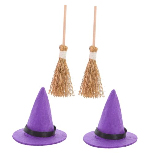 WEKADRIN 2 Sätze Miniatur Hexenhüte und Besen Teilig Mini Puppenhut Zubehör aus Filz und Natürlichem Stroh Halloween Deko für Miniaturhäuser und Partydekoration Kreative Mini Hexen von WEKADRIN