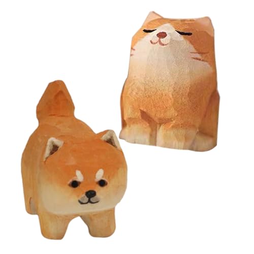 WEKADRIN 2 Stück Holzfigur Katzen Hundeskulpturen Handgeschnitzte Holzornamente Cartoonartige Haustierdekoration für Schreibtisch Wohnzimmer Geschenk für Katzenliebhaber von WEKADRIN