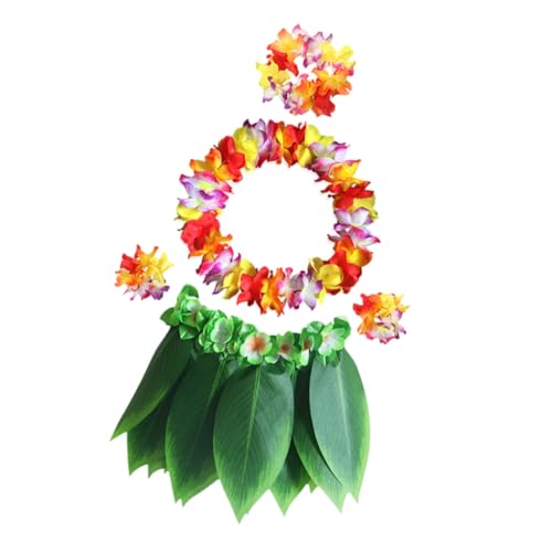 WEKADRIN 5 Stück Teiliges Hawaii Kostümset mit Grünem Leaf Skirt Realistische Blumen leis Stirnband Armband Luau Party Dekoration Beach Party Verkleidung Zubehör von WEKADRIN