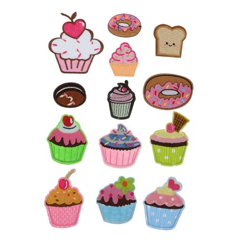 WEKAMOS 13 Stück Teiliges Cupcake Aufnäher zum Aufbügeln oder Aufnähen Bestickte Cartoon Kuchen Stoffpatches für DIY Kleidung Schals Schuhe und Hüte Langlebig und Praktisch für Mädchen von WEKAMOS