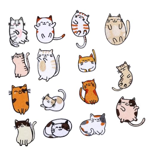 WEKAMOS 15 Stück Teiliges Katzen Aufnäher zum Aufbügeln und Aufnähen Bestickte Applikationen mit Dickem Dekorative DIY Patches für Kleidung Taschen Hüte und Jeans Vielseitige Tiermotive von WEKAMOS