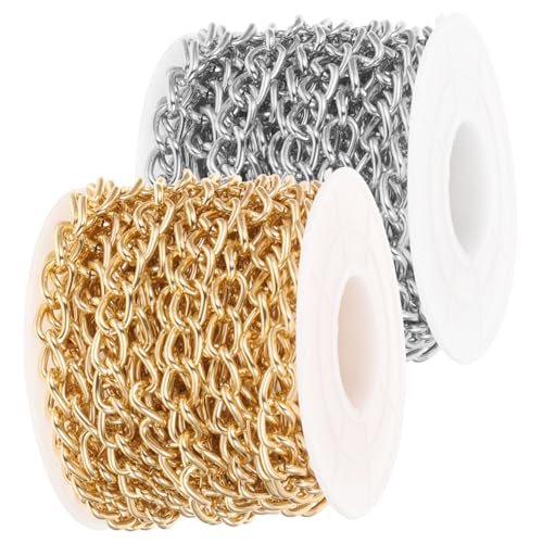 WEKAMOS 2 Rollen Leichte Aluminiumkette DIY Schmuckherstellung Gliederkette Gedrehte Verbindungskette für Taschen Kleidung Armbänder und Anhänger Bastelzubehör in Gold und Silber von WEKAMOS