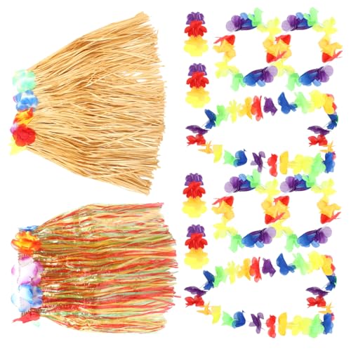 WEKAMOS 2 Sätze Hawaiian Strandparty Outfitset Teiliges Set mit Grasrock Blumenkranz Stirnband Halskette und für Luau Feiern Strand Events und Sommerfotos von WEKAMOS