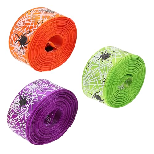 WEKAMOS 3 Rollen Halloween Dekoband Spinnennetz Muster Polyester Geschenkband für Party Deko Basteln Schleifen Kränze Geschenkverpackung Orange Grün Lila WEKAMOS 3 Rollen Halloween Dekoband Spinnennetz Muster Polyester Geschenkband für Party Deko Basteln Schleifen Kränze Geschenkverpackung Orange Grün Lila von WEKAMOS