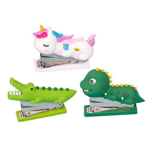 WEKAMOS 3 Stück Teiliges Cartoon Mini Heftgerät Tragbarer Handhefter für Büro und Schule Süßes Design mit Dinosaurier Einhorn und Krokodil für Kreative Stapelarbeiten von WEKAMOS