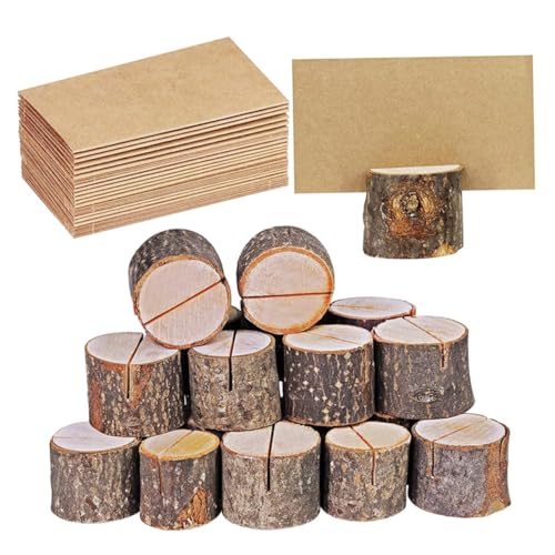 WEKAMOS 35 Sätze Kreative Holz Memo Halter mit Karten Rustikale Tischkartenhalter für Hochzeiten Partys Geburtstagsfeiern Teiliges aus Lärchenholz mit Rinde für Notizen und Tischnummern von WEKAMOS