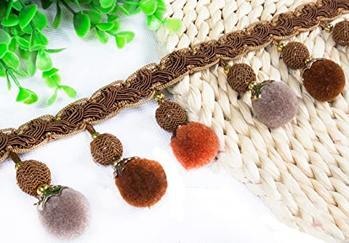WEKONUMEX Fransenbesatz, 4 Yards Pom Bead Fringe Trim Quasten Braid Jacquard Band Nähen Spitze Trimmen(Light Coffee) von WEKONUMEX