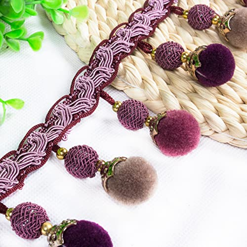 WEKONUMEX Fransenbesatz, 4 Yards Pom Bead Fringe Trim Quasten Braid Jacquard Band Nähen Spitze Trimmen(Purple) von WEKONUMEX