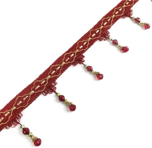 WEKONUMEX Fransenbesatz, 4 Yards europäischen Typ geflochtene Perlen hängen Ball Quaste Fringe Trimmen(Wine Red) von WEKONUMEX