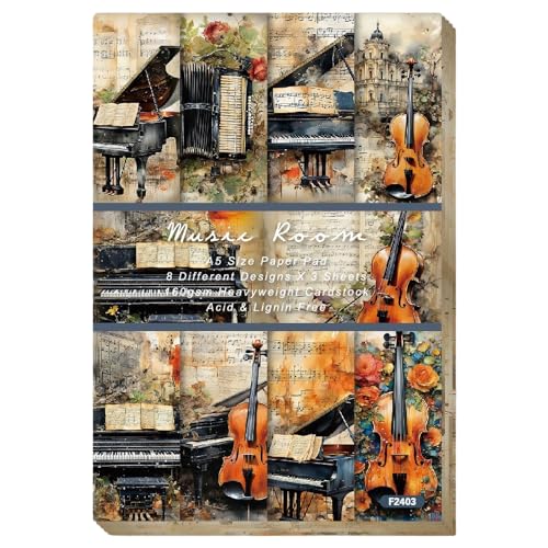 WEKONUMEX Scrapbook-Papier, 48 Blatt einseitiges Musterpapier im A5-Format mit Musikinstrumentendrucken, 8 Designs, for die Hintergrunddekoration von selbstgestalteten Fotoalben, 14,5 x 21 cm von WEKONUMEX