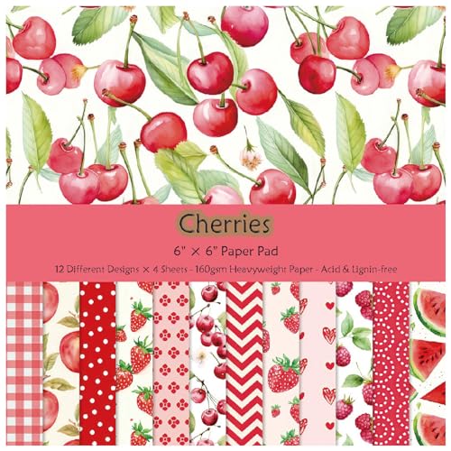 WEKONUMEX Scrapbook-Papier, 6 x 6 Zoll, 48 Blatt Papierpaket mit roten Kirschen, einseitiger Karton mit Sommermotiv for die Gestaltung von Hintergrundkarten for Fotoalben von WEKONUMEX