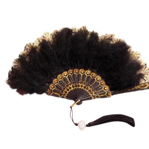 WEKONUMEX Straußen-Marabu-Feder-Handfächer, Braut Hochzeit Feder Faltfächer Weiß Kunst Handwerk Mädchen Tanz Fan Geschenk Party Feder Fächer Handheld(Black) von WEKONUMEX