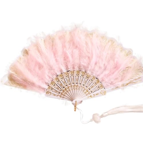 WEKONUMEX Straußen-Marabu-Feder-Handfächer, Braut Hochzeit Feder Faltfächer Weiß Kunst Handwerk Mädchen Tanz Fan Geschenk Party Feder Fächer Handheld(Pink) von WEKONUMEX