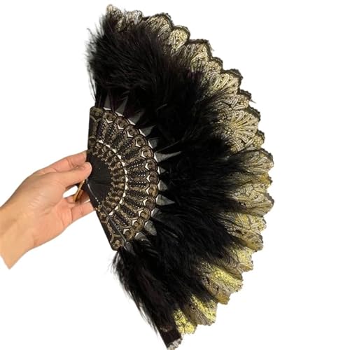 WEKONUMEX Straußen-Marabu-Feder-Handfächer, Faltbare Vintage-Feder(Black) von WEKONUMEX