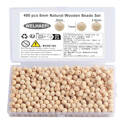 WELHAEPI 400 Stück Holzperlen zum Auffädeln, Natur Holzkugeln, 8mm Runde Holzperlen mit Loch für Makramee DIY Schmuck Herstellung Heimwerker Handwerk (8MM x 400 Stück) von WELHAEPI