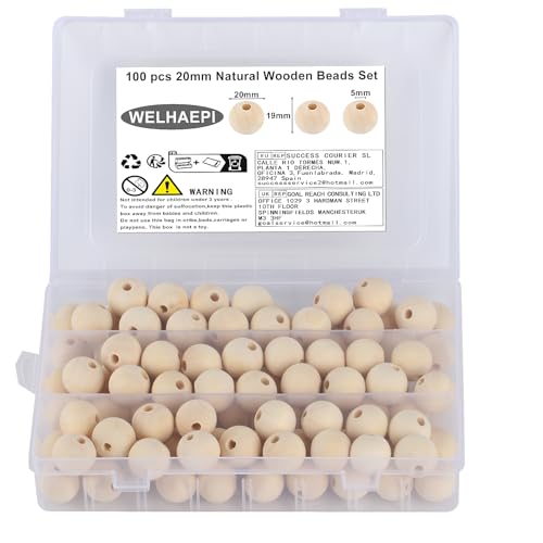 100 Stück Holzperlen zum Auffädeln, Natur Holzkugeln, 20mm Runde Holzperlen mit Loch für Makramee DIY Schmuck Herstellung Heimwerker Handwerk((20MM x 100 Stück) von WELHAEPI