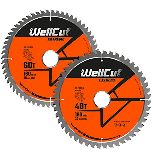WELLCUT TCT Kreiswinkelschleifer 160 mm x 20 mm Holztrennscheiben-Sägeblatt, Tauchsägeblatt Festool TS55 Makita Bosch Kabel/Akku (Packung mit 1, 48 & 60 Zähnen blatt) von WELLCUT