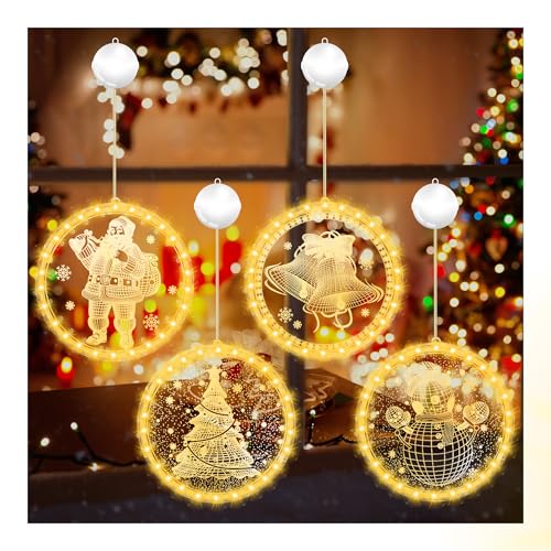 WELLTE 4er-Pack Weihnachten Dekorative Fenster Licht Warmweiß, 3D Weihnachtsdeko Innen mit 4 Haken Selbstklebend, Hängende LED Lichterkette, Batteriebetrieben, für Weihnachtsdeko, Party, Balkon WELLTE 4er-Pack Weihnachten Dekorative Fenster Licht Warmweiß, 3D Weihnachtsdeko Innen mit 4 Haken Selbstklebend, Hängende LED Lichterkette, Batteriebetrieben, für Weihnachtsdeko, Party, Balkon von WELLTE