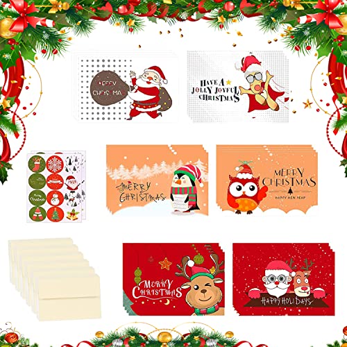 24 Stück Weihnachtskarten Set,Christmas Postkarte,Frohe Weihnachten Klappkarte,Premium Weihnachtskarten mit Umschlägen und Aufkleber,Weihnachtskarten für Familie Freunde Kunden(6 Motive) (C) von WELLXUNK