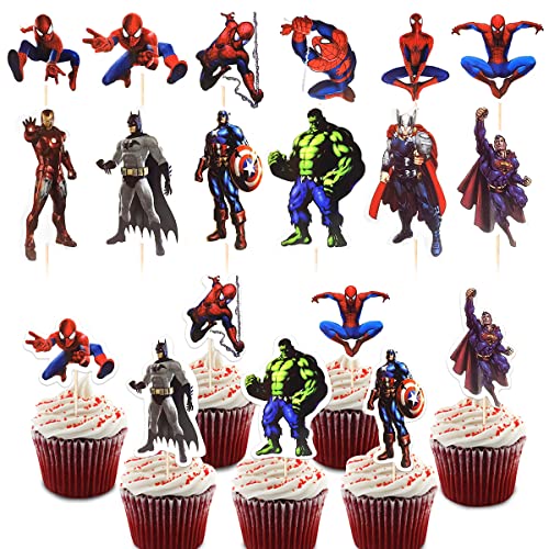 Avengers Cupcake Topper, 48 Stück Superheld Cake Toppers, Avengers Muffin Deko, Cake Topper Geburtstag Partydekorationen, Kuchen Dekoration Junge, Superheld Kuchen Deko für Kinder von WELLXUNK