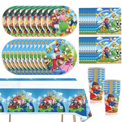 Partygeschirr Set, 51 Stück Partygeschirr Geburtstagsdeko mit Teller Becher Servietten Tischdecke, Party Geschirr für Kindergeburtstag Deko für 10 Gäste von WELLXUNK