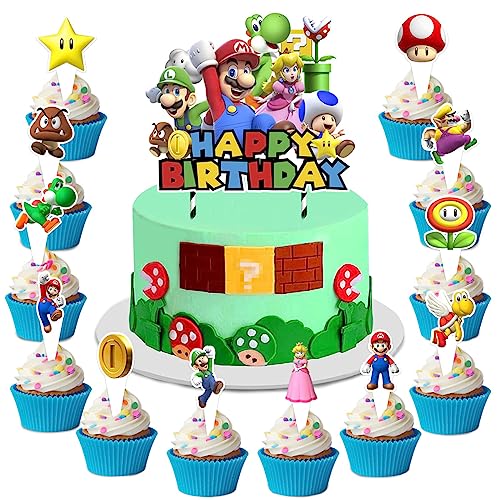 S-uper Mario Toppers, 25 Stück S-uper M-ario Geburtstag Tortendeko, Cartoons Kuchen Topper Spielzeug, Kuchen Dekoration, M-ario Cupcake Toppers Dekoration für Mädchen Junge von WELLXUNK