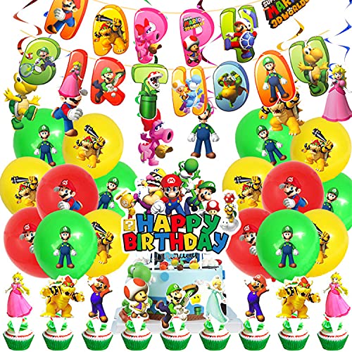 Super Mario Birthday Party Decorations, 44 Pcs Geburtstagsfeier Dekorationen, Geburtstag Luftballons Set, Happy Birthday Banner Decoration, Cake Toppers, Hängen Wirbel Deko von WELLXUNK
