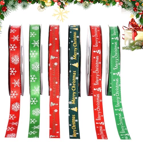 WELLXUNK® Weihnachten Ripsband, 6 Rollen Dekobänder, Geschenk Schleifenband, Polyester Geschenkband, Schneeflocke Elch Bänder für Frohe Weihnachten, Feiertags Geschenk Dekoration von WELLXUNK