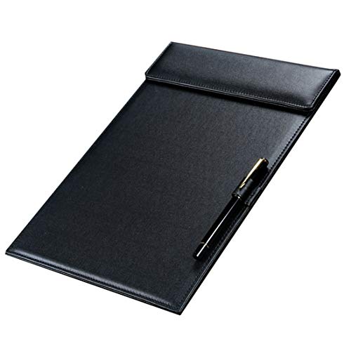 WELLYUK Schwarzes PU-Leder-Klemmbrett, A4, 33 x 22,9 cm, Büro-Aktenklemme, Dokumenten-Organizer, Schreibblock, Visitenkartenhalter, magnetischer Konferenzblock mit Stifthalter, Schwarz von WELLYUK