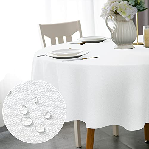 WELTRXE Tischdecke, Minimalart Tischtuch aus Polyester mit Lotuseffekt, 120cm Leinenimitation Wasserabweisend Abwaschbar Tisch Decke, Rund Weiß Tischwäsche für Esstisch Zuhause Hochzeit Festival von WELTRXE