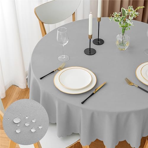 WELTRXE Tischdecken,Stoff Tischdecke Rund aus Polyester Wasserdicht Abwaschbar,180cm Durchmesser Hellgrau Tischwäsche für Esstisch Geburtstag Hochzeit Party von WELTRXE