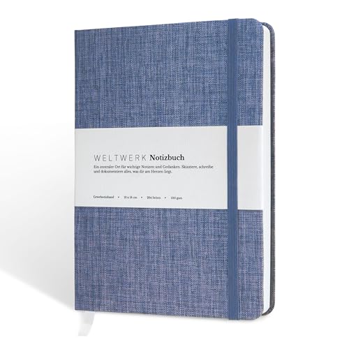 WELTWERK® Notizbuch B6+ [264 Seiten] hochwertiges Notizbuch mit 100 g/m² Papier, Gewebeeinband & Gummiband – Blanko & Dotted – kleines Notizheft für Bullet Journaling, Skizzen & Notizen von WELTWERK