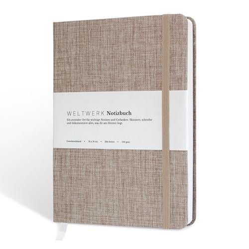 WELTWERK® Notizbuch B6+ [264 Seiten] hochwertiges Notizbuch mit 100 g/m² Papier, Gewebeeinband & Gummiband – Blanko & Dotted – kleines Notizheft für Bullet Journaling, Skizzen & Notizen von WELTWERK