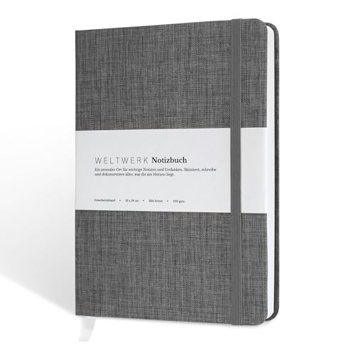 WELTWERK® Notizbuch B6+ [264 Seiten] hochwertiges Notizbuch mit 100 g/m² Papier, Gewebeeinband & Gummiband – Blanko & Dotted – kleines Notizheft für Bullet Journaling, Skizzen & Notizen von WELTWERK
