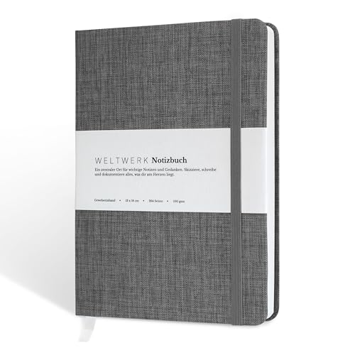 WELTWERK® Notizbuch B6+ [264 Seiten] hochwertiges Notizbuch mit 100 g/m² Papier, Gewebeeinband & Gummiband – Blanko & Dotted – kleines Notizheft für Bullet Journaling, Skizzen & Notizen von WELTWERK