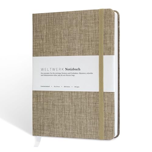 WELTWERK® Notizbuch B6+ [264 Seiten] hochwertiges Notizbuch mit 100 g/m² Papier, Gewebeeinband & Gummiband – Blanko & Dotted – kleines Notizheft für Bullet Journaling, Skizzen & Notizen von WELTWERK