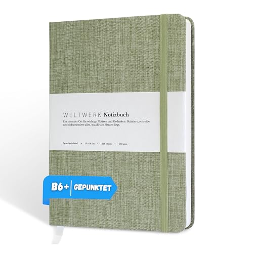 WELTWERK® Notizbuch B6+ [Dotted, Minzgrün] hochwertiges Notizbuch mit 100 g/m² Papier, Gewebeeinband & Gummiband – kleines Notizheft mit 264 Seiten für Bullet Journaling, Skizzen & Notizen von WELTWERK
