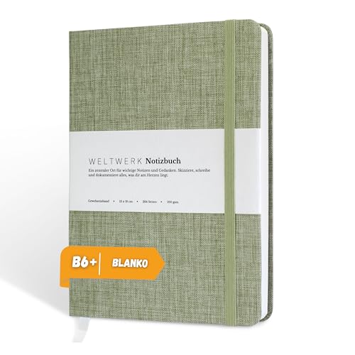 WELTWERK® Notizbuch B6+ [Blanko, Minzgrün] hochwertiges Notizbuch mit 100 g/m² Papier, Gewebeeinband & Gummiband – kleines Notizheft mit 264 Seiten für Bullet Journaling, Skizzen & Notizen von WELTWERK