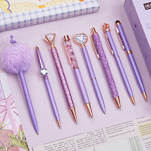 WEMATE 8-teiliges Kugelschreiber-Set, violett, glitzernd, schwarz und blau, Metall-Kristalldiamant-Stift für Tagebuch, Glitzer, ausgefallene Stifte, Geschenke für Frauen, Hochzeit, Büro von WEMATE