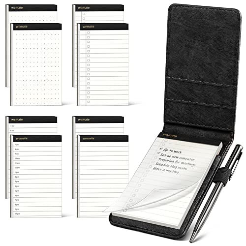WEMATE Notizblockhalter aus PU-Leder – Mini-Notizblöcke mit 8 Minen und Metall-Kugelschreiber für Meetings, tägliche Aufzeichnungen und Notizen Schwarz von WEMATE