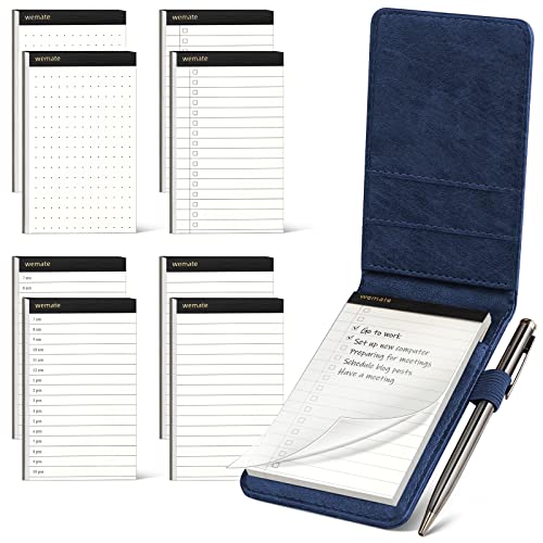WEMATE Notizblockhalter aus PU-Leder – Mini-Notizblöcke mit 8 Minen und Metall-Kugelschreiber für Meetings, tägliche Aufzeichnungen und Notizen Blau von WEMATE