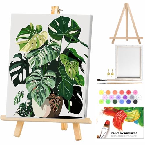 Malen Nach Zahlen Erwachsene mit Rahmen- mit Staffelei Grüne Pflanzen Paint by Numbers Kit, Malen Nach Zahlen Kit mit 2 * Pinseln, Acrylfarben Handgemalt Ölgemälde Leinwand für Home Decor. (20X30cm) von WEMEON